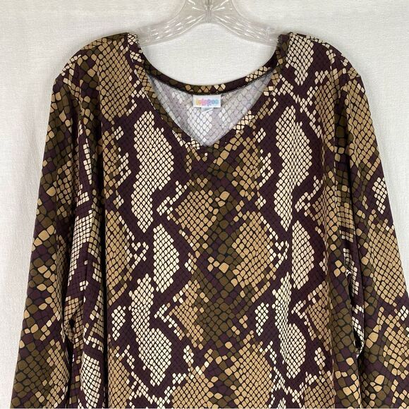 LulaRoe Elizabeth Tunic Women’s 2X Brown Tan Snake Reptile V Neck Long Sleeve - Picture 3 of 9